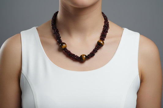 Elegant Black Agate and Tiger's Eye Necklace, Black Agate Necklace, Handmade Necklace Natural Agate Boho Necklace, Dark Red Necklace