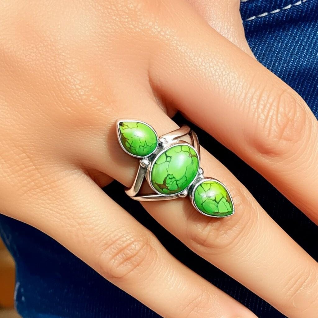 Matrix Trio Ring, Emerald Green Veined Statement Ring, Three Stone Green Matrix, Silver Ring, Handmade silver ring, Gold Gemstone Ring, Gift
