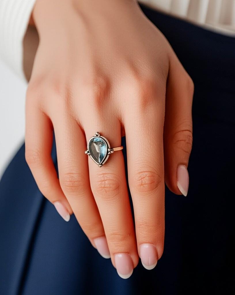Handmade Aquamarine Ring for Women - Sterling Silver Teardrop Gemstone, Sterling Silver ring, Handmade Gift for Women, Clear stone Ring