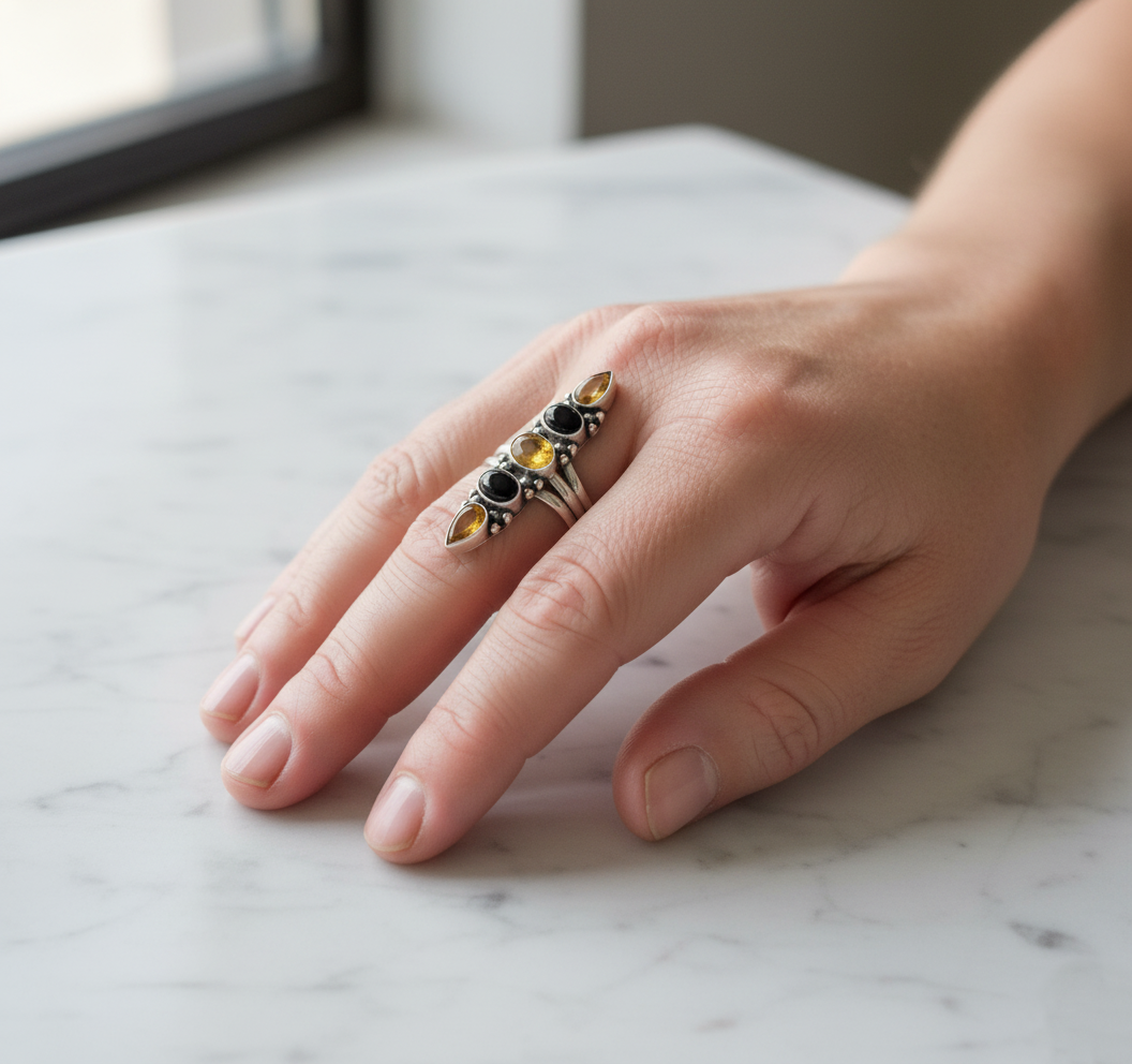 Statement Garnet Silver Ring, Unique Long Sterling Silver Cocktail Ring