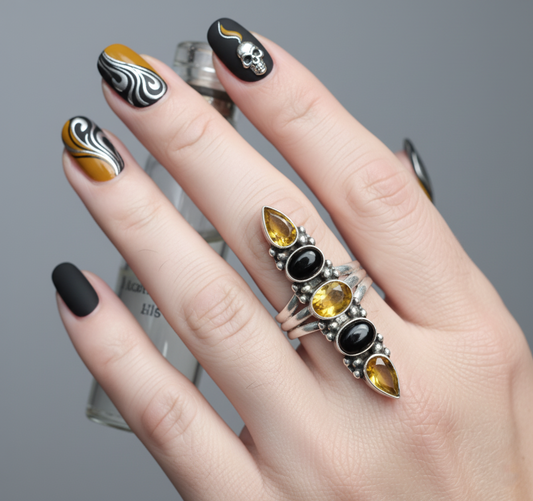 Statement Garnet Silver Ring, Unique Long Sterling Silver Cocktail Ring