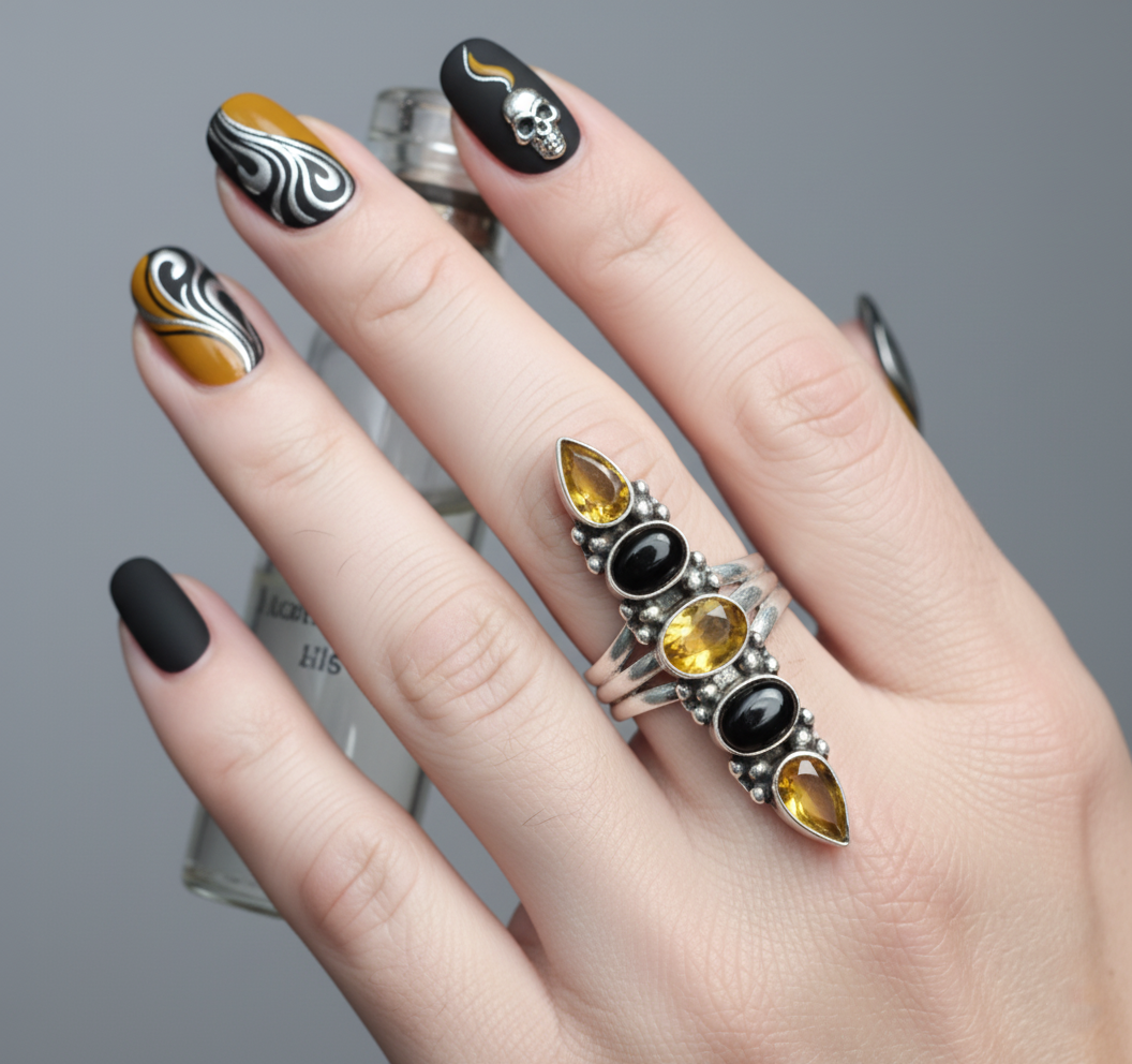 925 Sterling Silver Citrine Black Onyx Vertical Ring Multi Gemstone Band