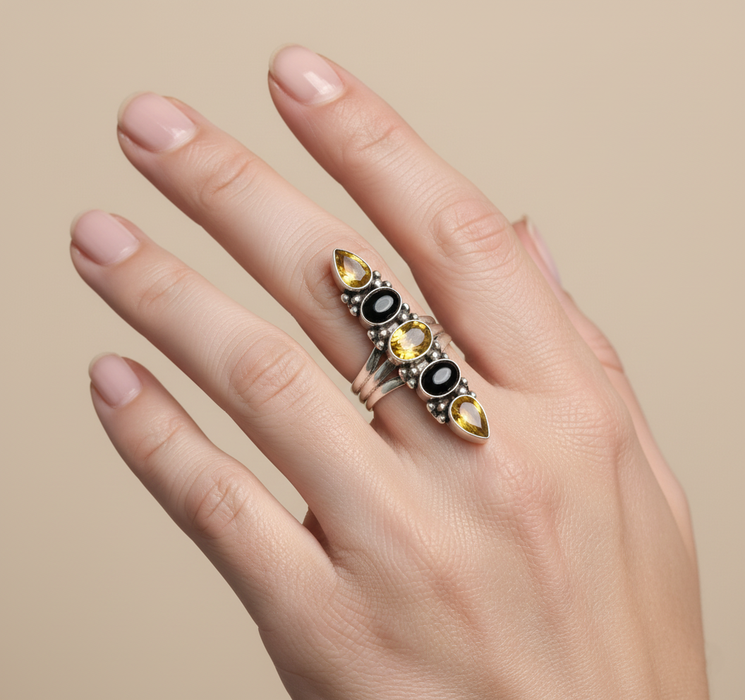 925 Sterling Silver Citrine Black Onyx Vertical Ring Multi Gemstone Band
