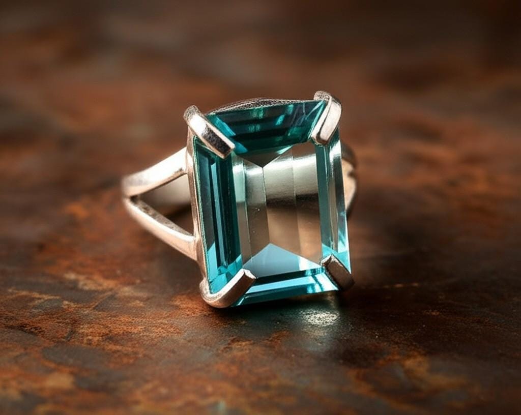 Aquamarine Ring, Emerald Cut Aquamarine, 925 Sterling Silver Ring, March Birthstone Jewelry, Statement Ring, Engagement Ring, Gift for mom