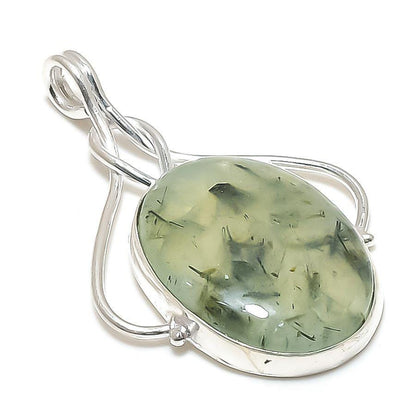 Prehnite and Actinolite Oval Silver Pendant, Handmade Pendant, Transparent Pendant, Beautiful Pendant, Gift for her, Prehnite pendant, Gift