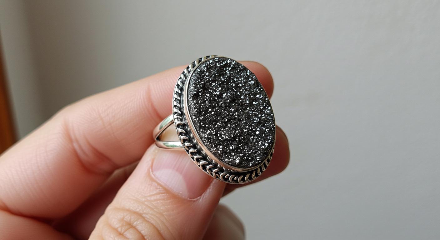 Black Druzy Statement Ring: Adjustable Sterling Silver Boho Jewelry