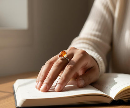 Natural Baltic Amber Sterling Silver Ring | Oval Cabochon with Inclusions | Handmade Boho Beaded Band | Gift for Her Anniversary Jewelry