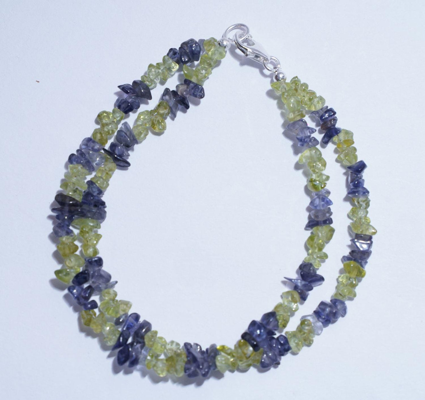 Peridot and Iolite Chip Bracelet | Double Strand Gemstone Bracelet | Green & Blue Natural Crystal Jewelry | Healing Stone Gift for Her