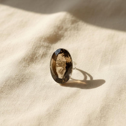 Smoky Quartz Ring 925 Silver Oval Faceted | Boho Healing Crystal Statement Ring| Spiritual Grounding Gift for Her| Handmade Holiday Gemstone