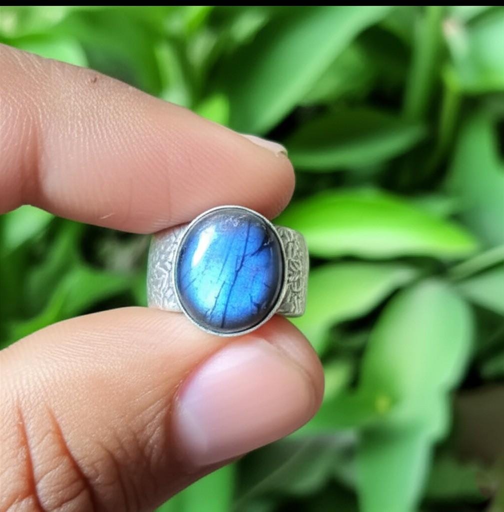Blue Gemstone Ring | Sterling Silver Band with Engraved Pattern | Oval Cabochon Statement Ring | Handmade Artisan Jewelry | Gift for her