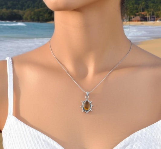 Dainty Citrine Sterling Silver Pendant, Large Citrine Statement Silver Pendant, Vintage Style Citrine Handmade Pendant, Gift for her