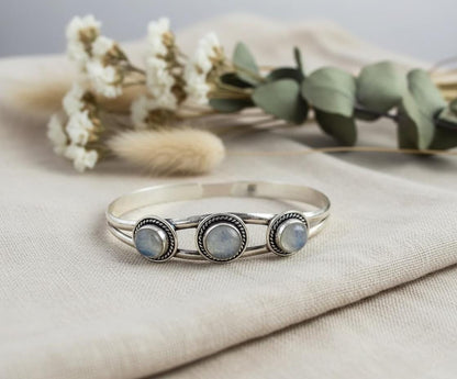 Triple Moonstone Sterling Silver Cuff Bracelet | Three Stone Oval Bangle | Vintage Style Gemstone Statement Jewelry | Christmas Gift | Gift