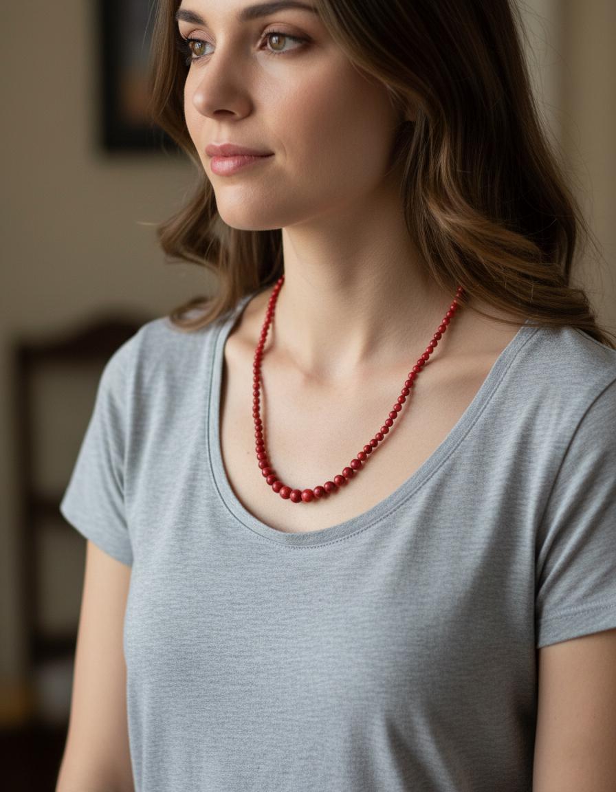 Natural Red Coral Necklace 20 Inch Genuine Beads | Boho Statement Coral Jewelry | Hand-Strung 925 Silver Clasp Summer Gift for Her