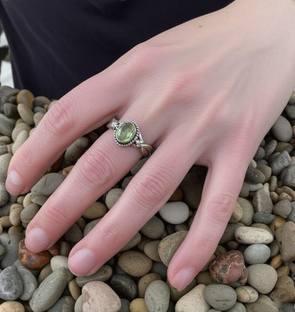 Peridot Ring Sterling Silver | August Birthstone Oval Gemstone Ring | Handmade Boho Jewelry Gift for Her