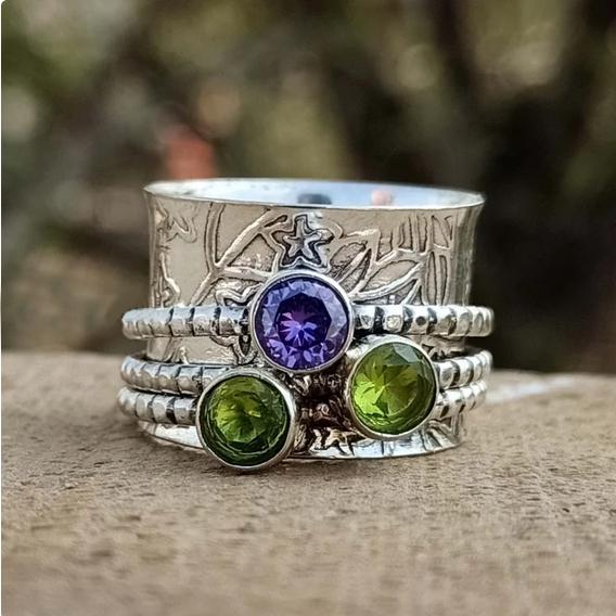 Sterling Silver Spinner Ring: Peridot, Amethyst, Botanical Band