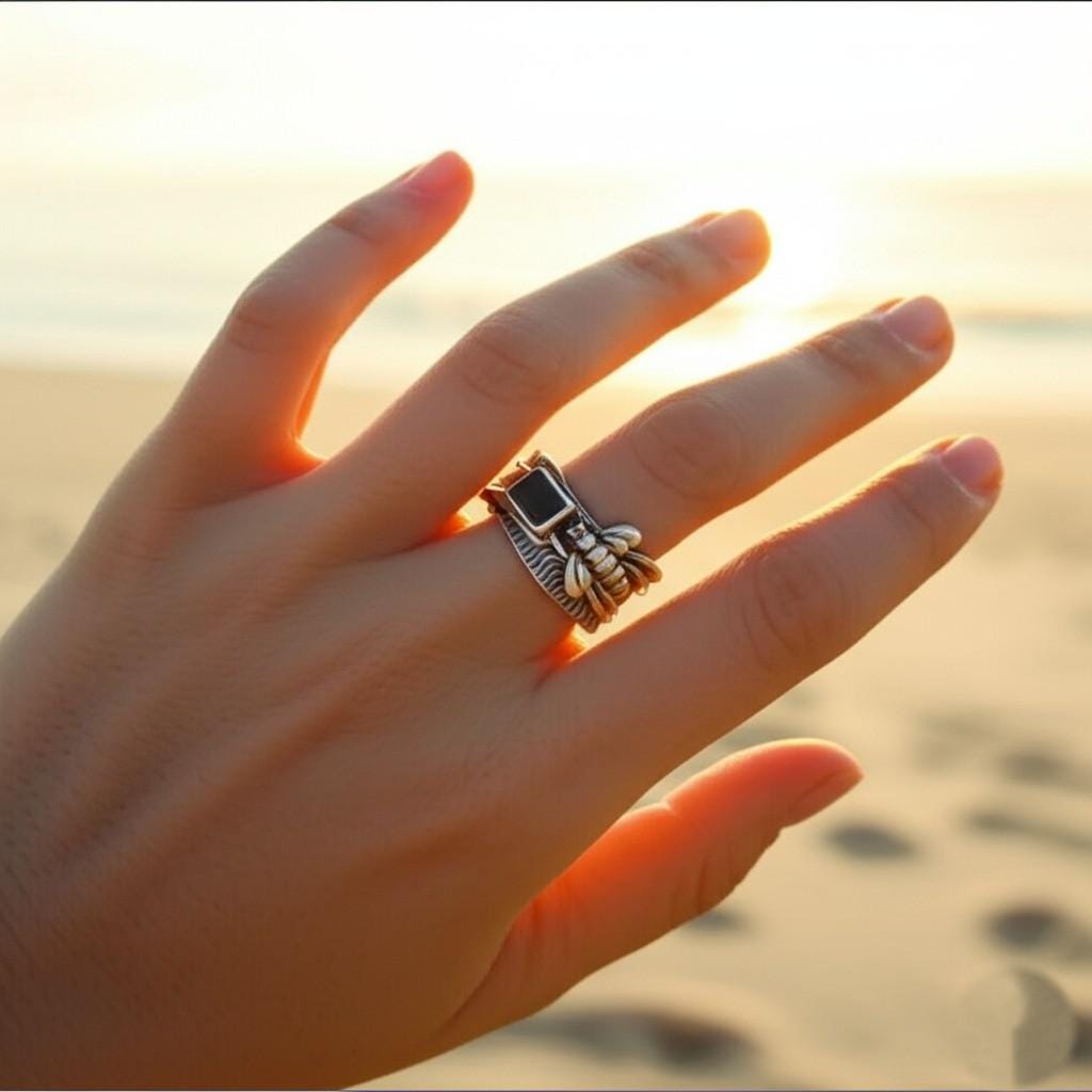 Sterling Silver Bee Ring with Black Onyx, Nature-Inspired Stone Ring, Artisan Crafted Silver Bee Ring, Handmade gemstone ring, Designer ring