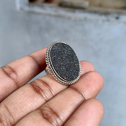 Black Druzy Statement Ring: Adjustable Sterling Silver Boho Jewelry