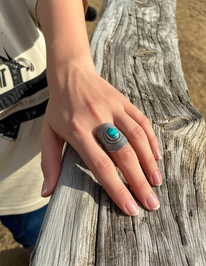 Statement Turquoise Ring | Sterling Silver Filigree Ring | Boho Chic Oval Ring | Bohemian Turquoise Ring | Artisan Silver Statement Ring