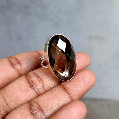 Smoky Quartz Ring, Boho Healing Crystal Ring, Oval Faceted Gemstone, Spiritual Gift for Her