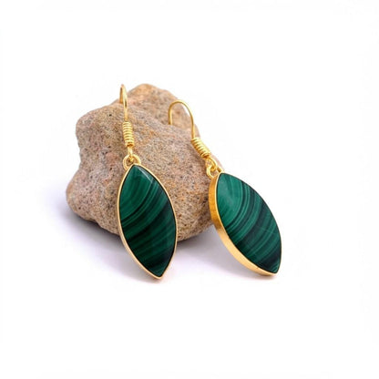 14K Gold Malachite Earrings: Elegant Green Gemstone Dangle