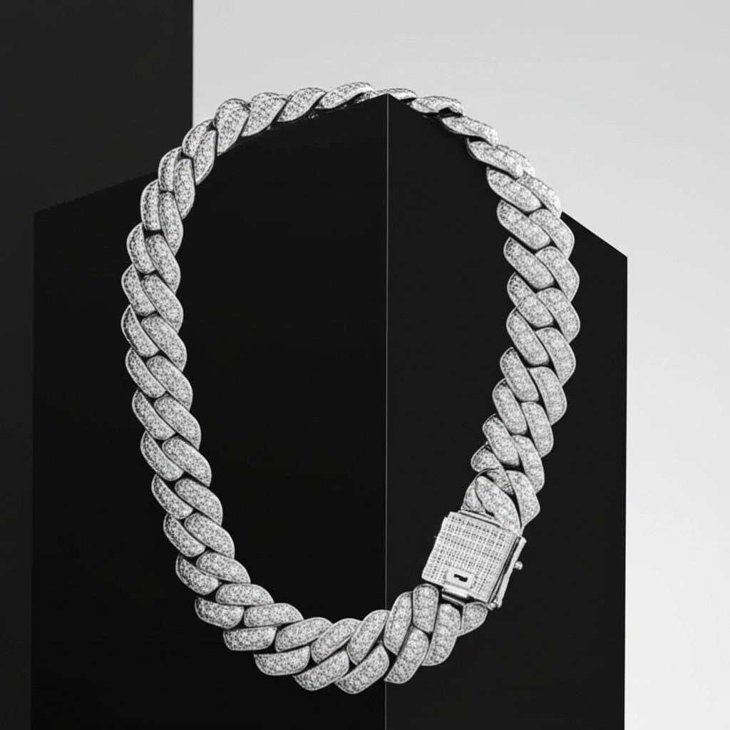 Iced Cuban Link Chain | White Gold Plated Stainless Steel Necklace | Diamond Simulant Bling Hip Hop Jewelry | Mens & Womens Statement Chain