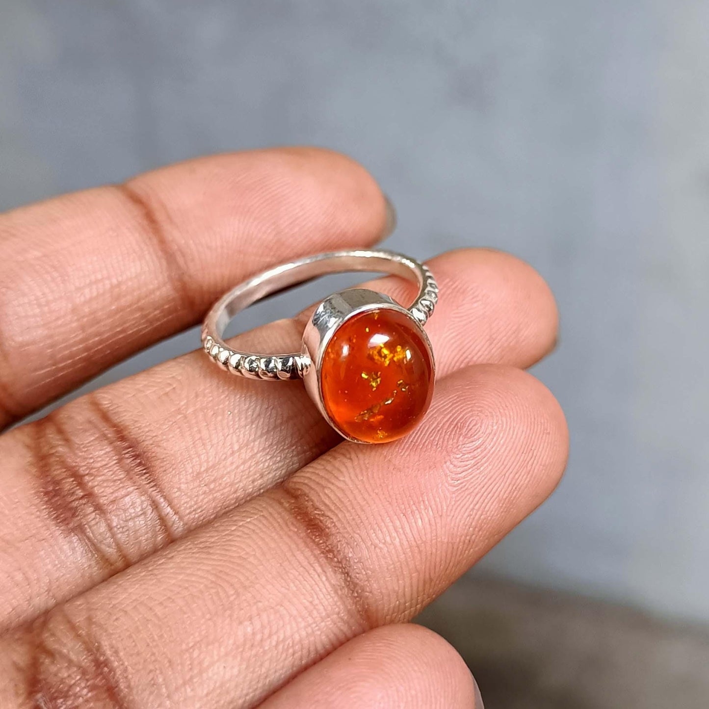 Natural Baltic Amber Sterling Silver Ring | Oval Cabochon with Inclusions | Handmade Boho Beaded Band | Gift for Her Anniversary Jewelry