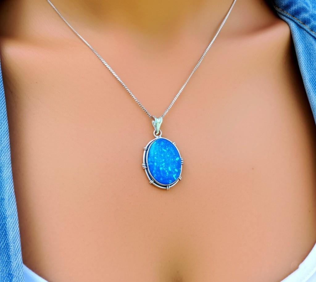 Mystic Blue Opal Pendant: Sterling Silver Bezel, Statement Necklace