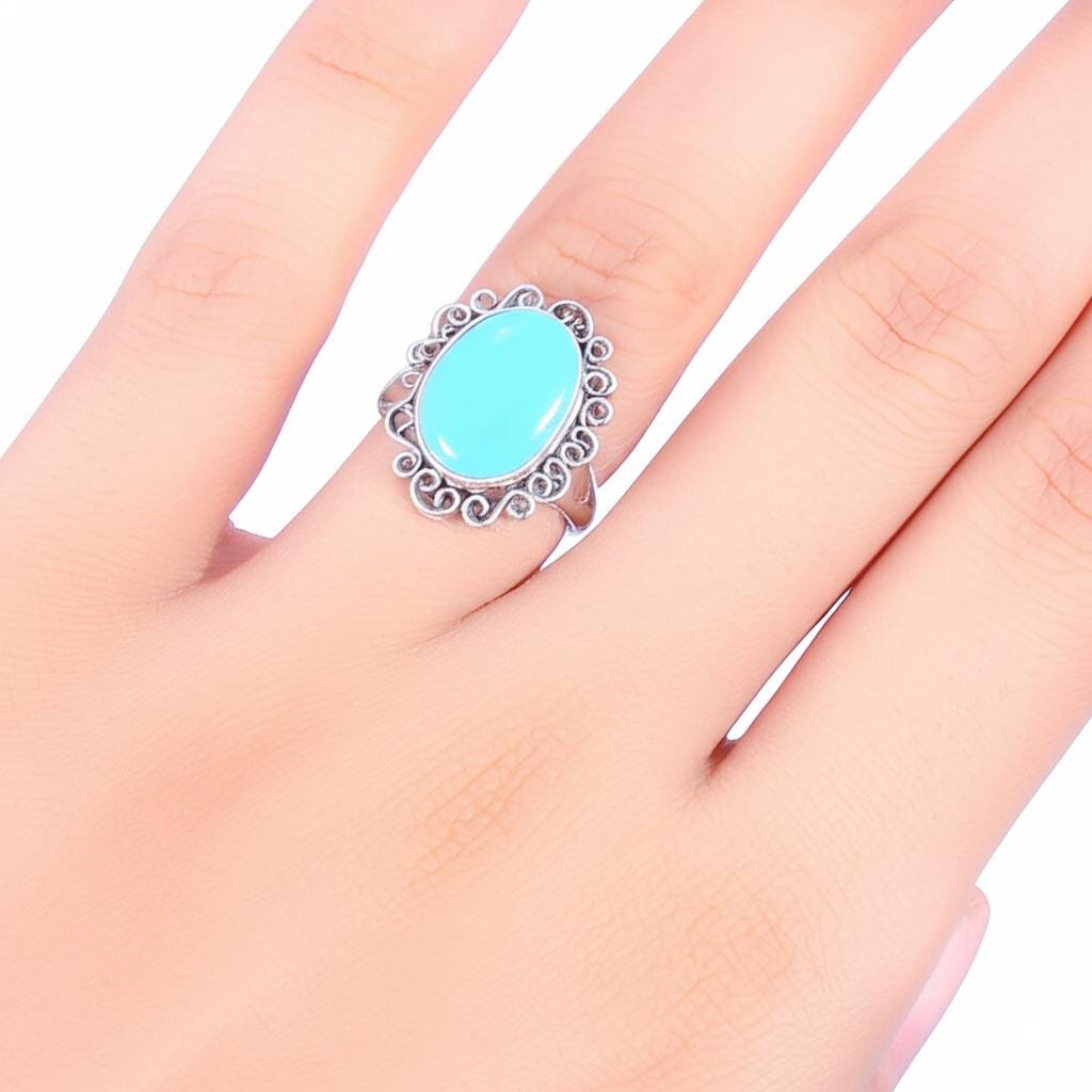 Filigree Silver Blue Chalcedony Ring: Boho Statement Jewelry