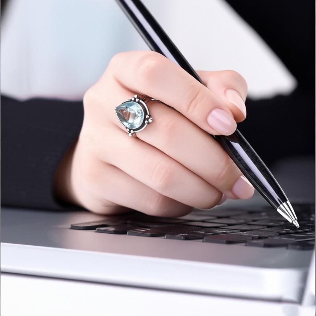 Handmade Aquamarine Ring for Women - Sterling Silver Teardrop Gemstone, Sterling Silver ring, Handmade Gift for Women, Clear stone Ring
