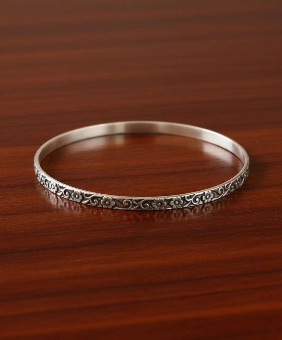Sterling Silver Bangle | Floral Engraved Bracelet | Handmade Silver Jewelry | Minimalist Bangle for Women | Gift for Her