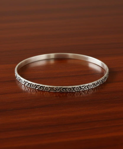 Sterling Silver Bangle | Floral Engraved Bracelet | Handmade Silver Jewelry | Minimalist Bangle for Women | Gift for Her