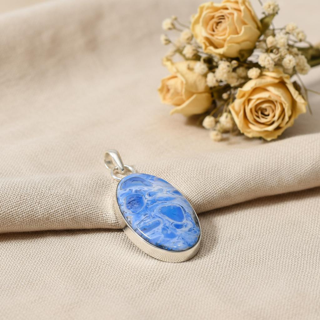 Blue and White Gemstone Square Pendant | Sterling Silver Cabochon Necklace, Handmade Design Pendent, Gift for her, Gemstone Pendent