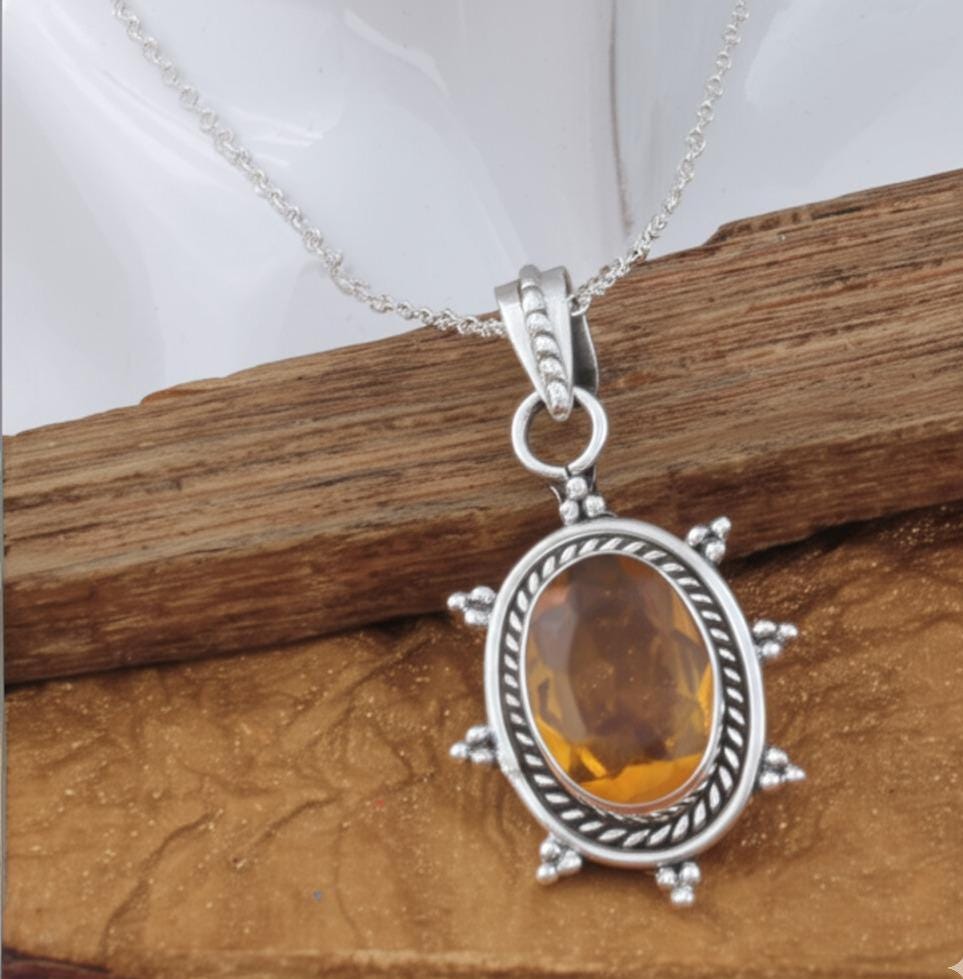 Dainty Citrine Sterling Silver Pendant, Large Citrine Statement Silver Pendant, Vintage Style Citrine Handmade Pendant, Gift for her