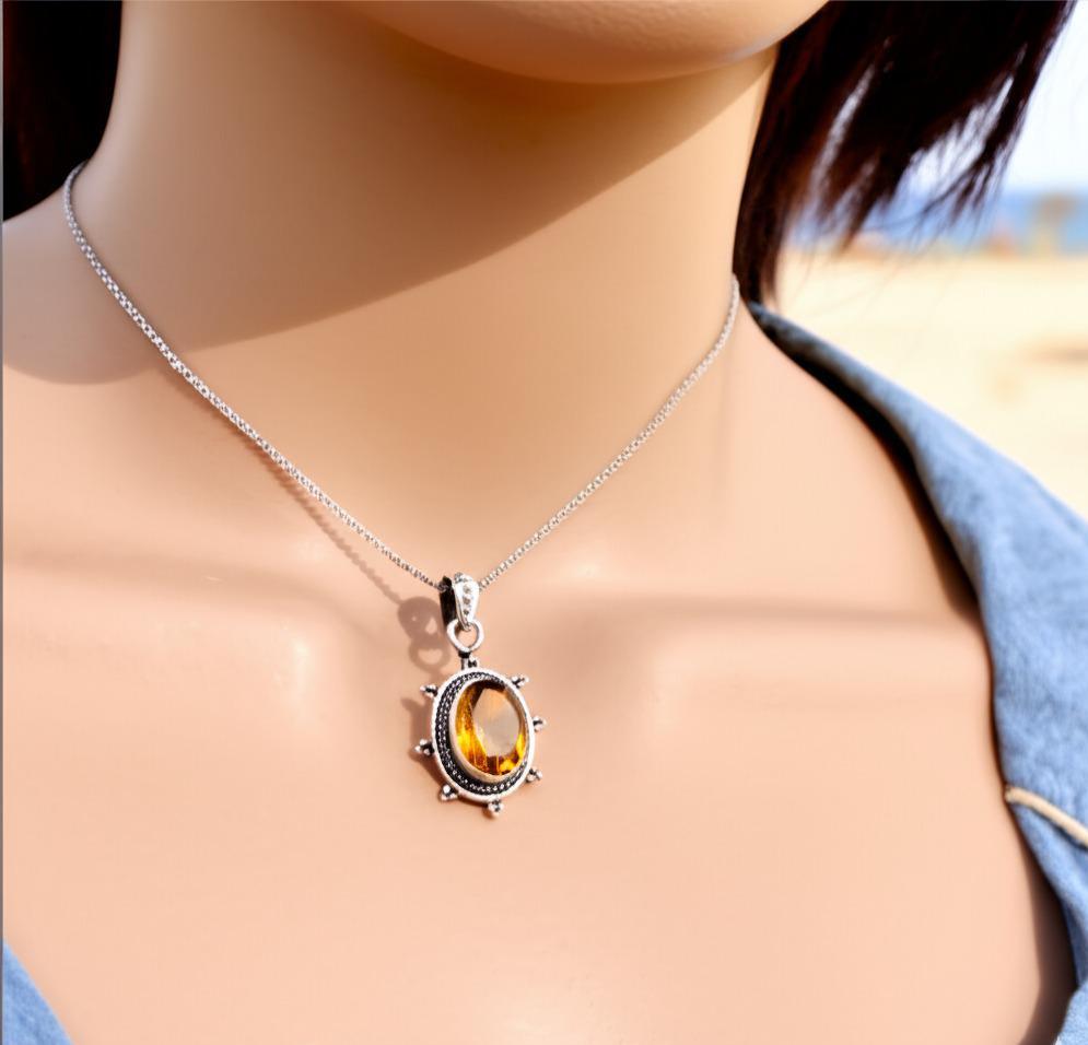 Dainty Citrine Sterling Silver Pendant, Large Citrine Statement Silver Pendant, Vintage Style Citrine Handmade Pendant, Gift for her