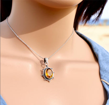 Dainty Citrine Sterling Silver Pendant, Large Citrine Statement Silver Pendant, Vintage Style Citrine Handmade Pendant, Gift for her