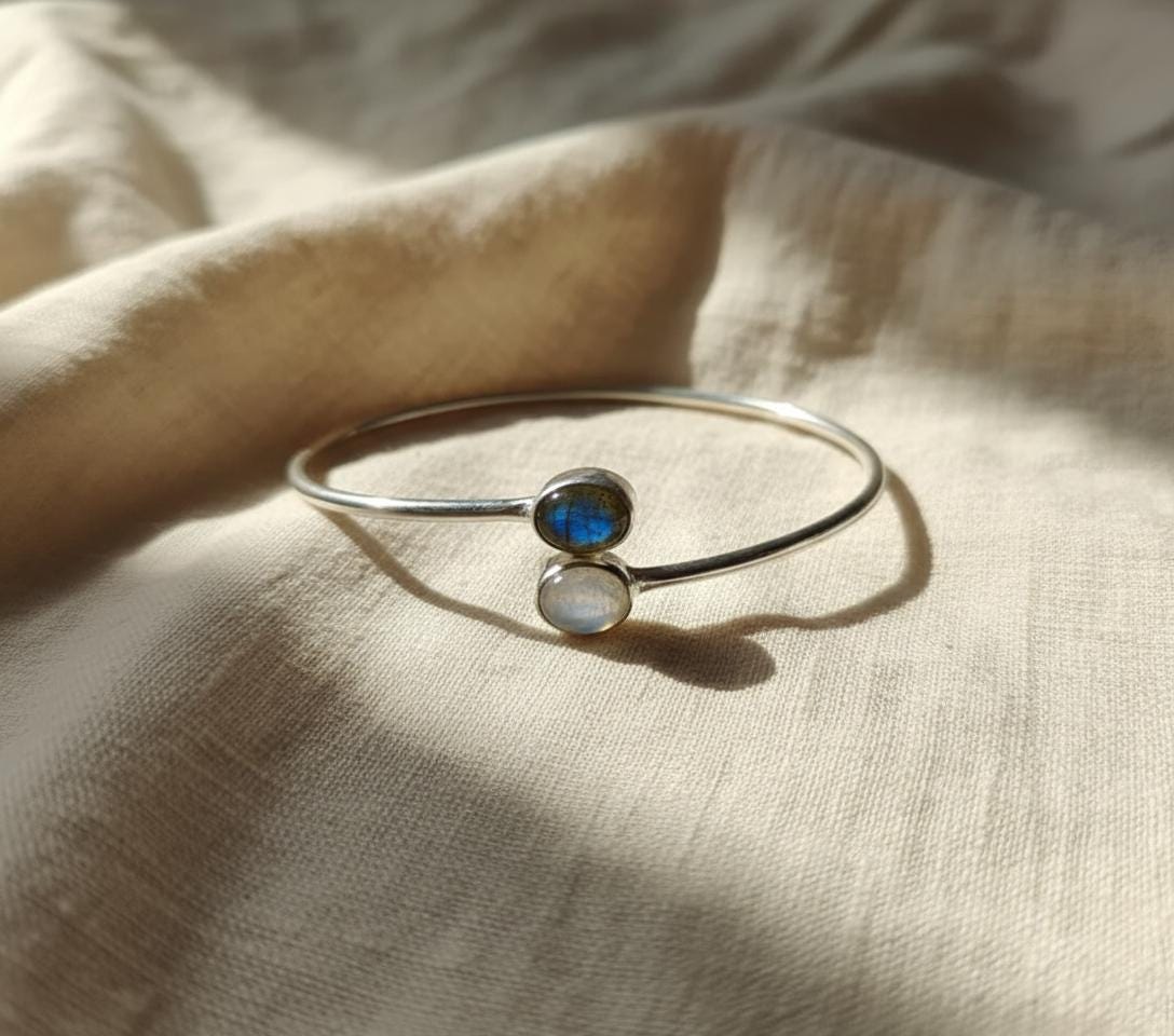 Moonstone, Labradorite Bangle, Natural Gemstone, Handmade Bangle, 925 Silver Bangle, Women Bangle, Dainty Bangle, Gemstone Bangle