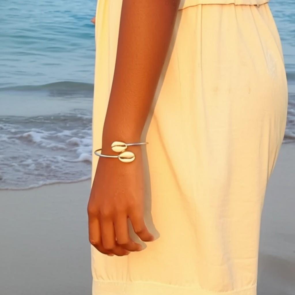 Sterling Silver Cowrie Shell Bangle | Boho Beach Jewelry | Handmade Nautical Bracelet | Gift for Her, Christmas Gift