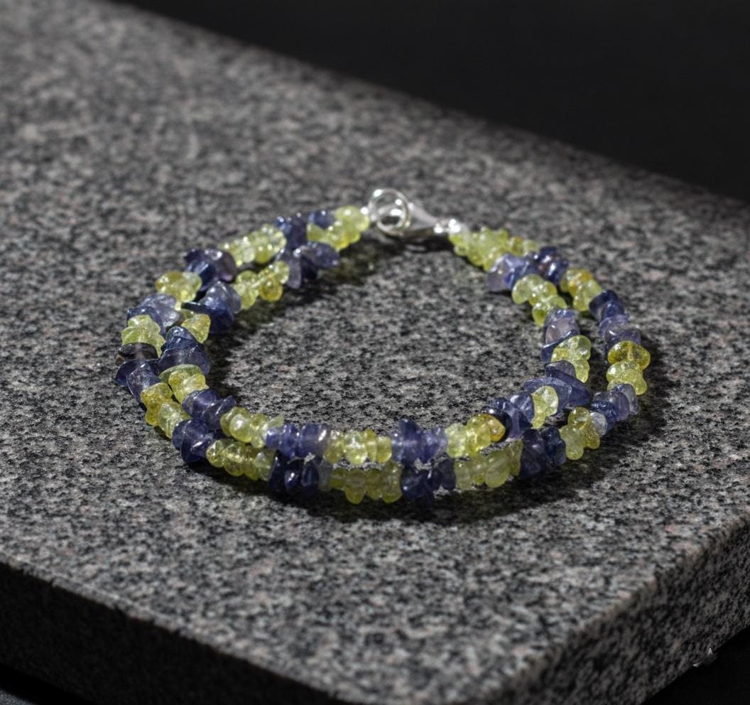 Peridot and Iolite Chip Bracelet | Double Strand Gemstone Bracelet | Green & Blue Natural Crystal Jewelry | Healing Stone Gift for Her