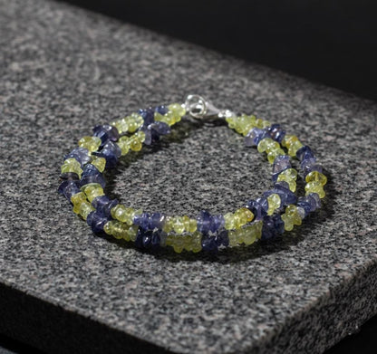 Peridot and Iolite Chip Bracelet | Double Strand Gemstone Bracelet | Green & Blue Natural Crystal Jewelry | Healing Stone Gift for Her