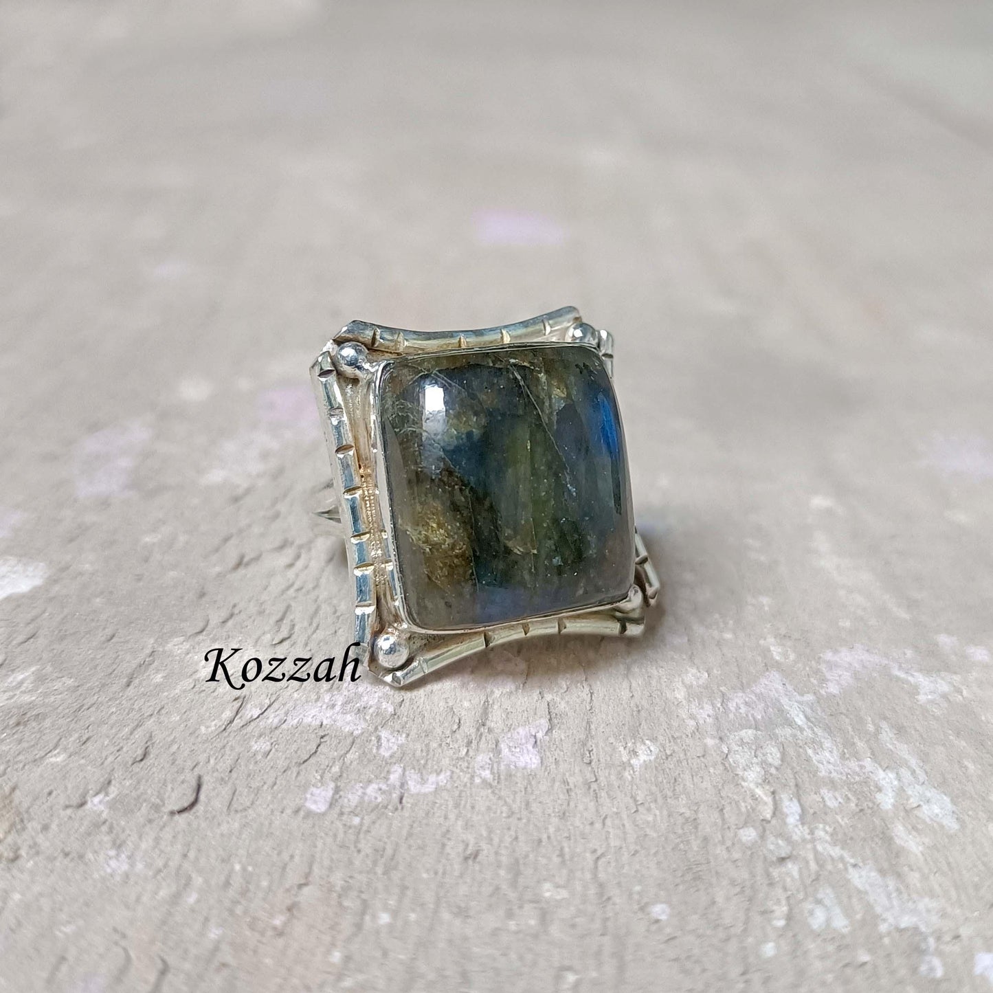 Labradorite Statement Ring | Rustic Sterling Silver Ring | Square Stone Viking Jewelry | Flashy Blue Fire Crystal Gift for Him/Her