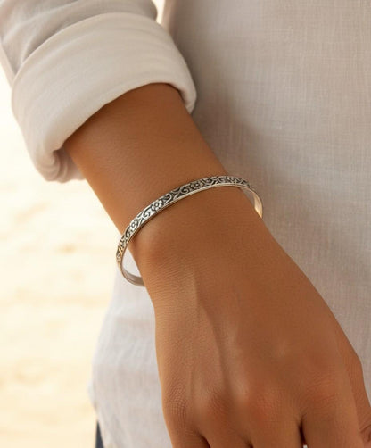 Sterling Silver Bangle | Floral Engraved Bracelet | Handmade Silver Jewelry | Minimalist Bangle for Women | Gift for Her