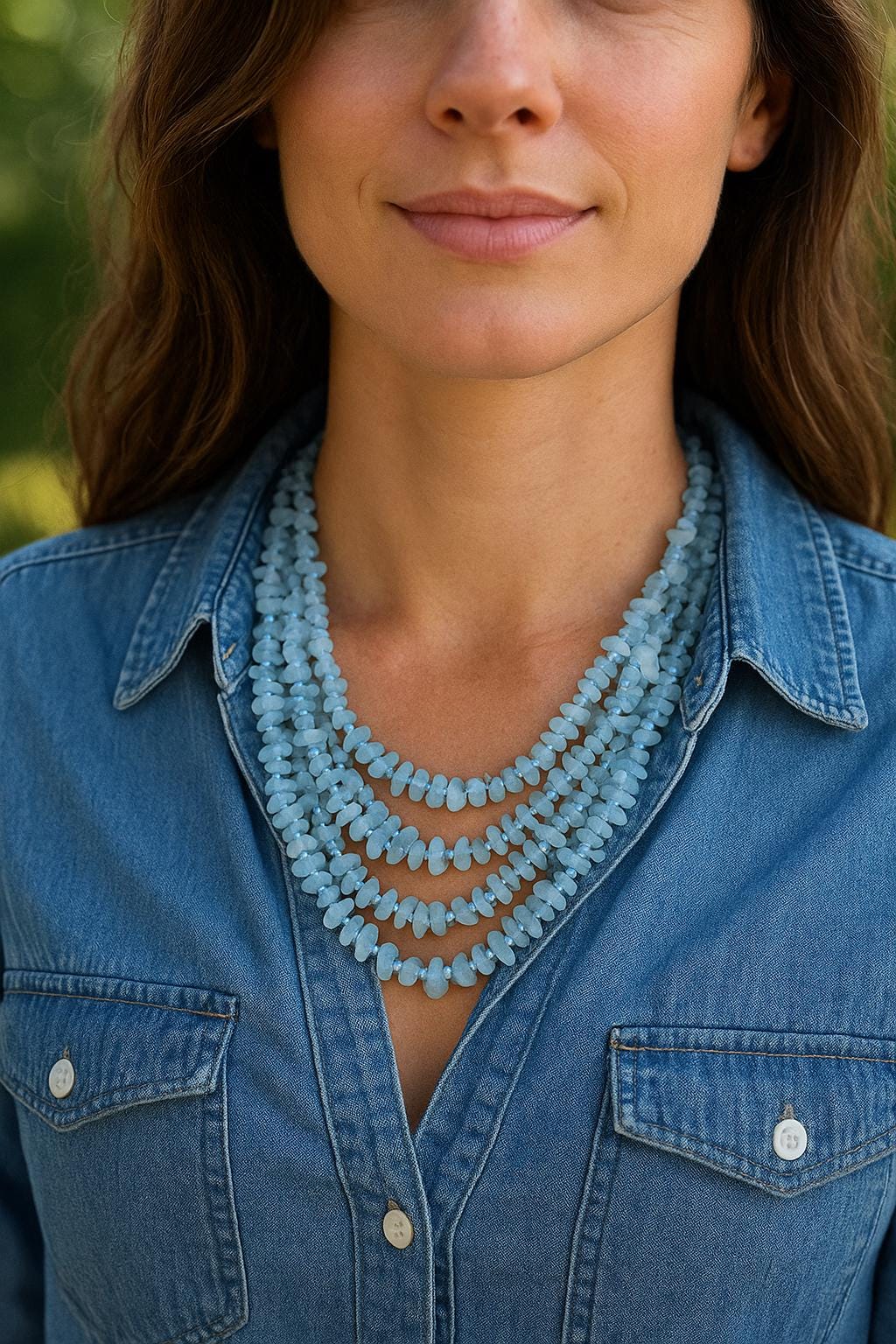 Milly pearl necklace, Aqua gemstone necklace, Five-layer necklace, Multi-layer pearl necklace, Aqua and pearl jewelry, Statement necklace