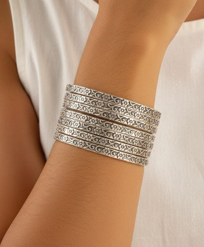 Sterling Silver Bangle | Floral Engraved Bracelet | Handmade Silver Jewelry | Minimalist Bangle for Women | Gift for Her