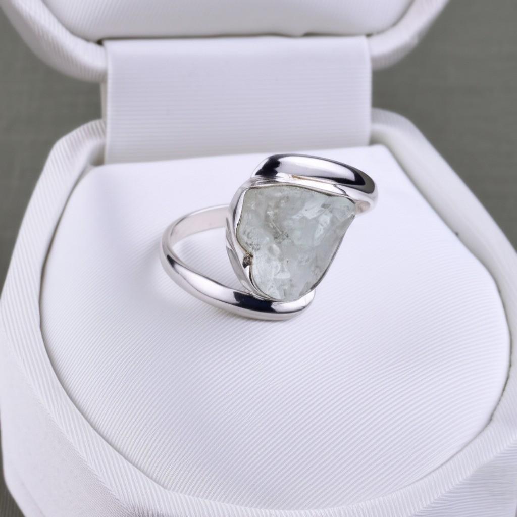 Raw Aquamarine Ring: Sterling Silver Rough Crystal Gemstone