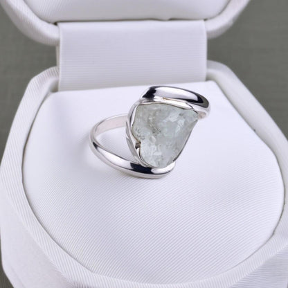 Raw Aquamarine Ring: Sterling Silver Rough Crystal Gemstone