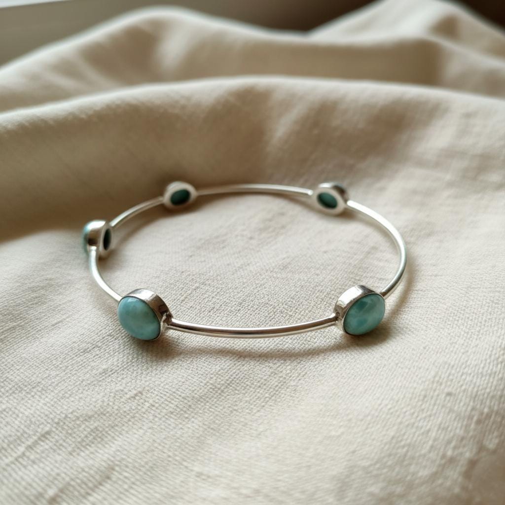 Larimar Bangle, Handmade Bangle, 925 Silver Bangle, Natural Larimar, Gemstone Bangle, Beautiful Ring, Boho Bangle, Larimar Jewelry, Gift Her