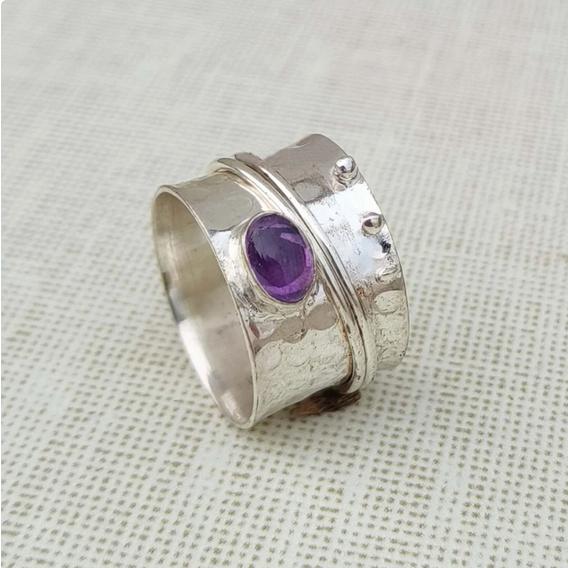 Soothing Amethyst Spinner Ring - Handcrafted 925 Silver Fidget Ring for Her, 925 Silver Ring, Gemstone Ring, Fidget Ring, Ring For Women