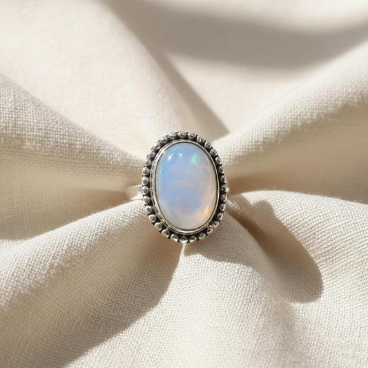 Natural Opal Sterling Silver Ring - Handmade Dainty Opal Gemstone Ring for Women | 925 Sterling Silver Ring- Unique Dainty Bezel Set Jewelry