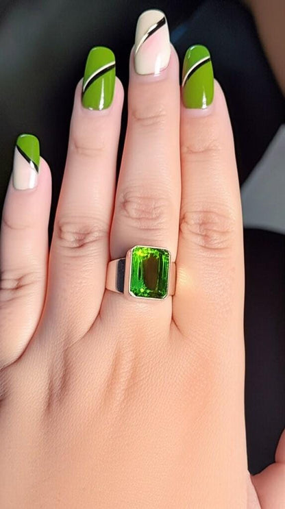 Men's Green Gemstone Ring | Rectangular Peridot Style Ring in Silver Band | Bold Statement Jewelry for Him | Modern Geometric Cut Ring |Gift