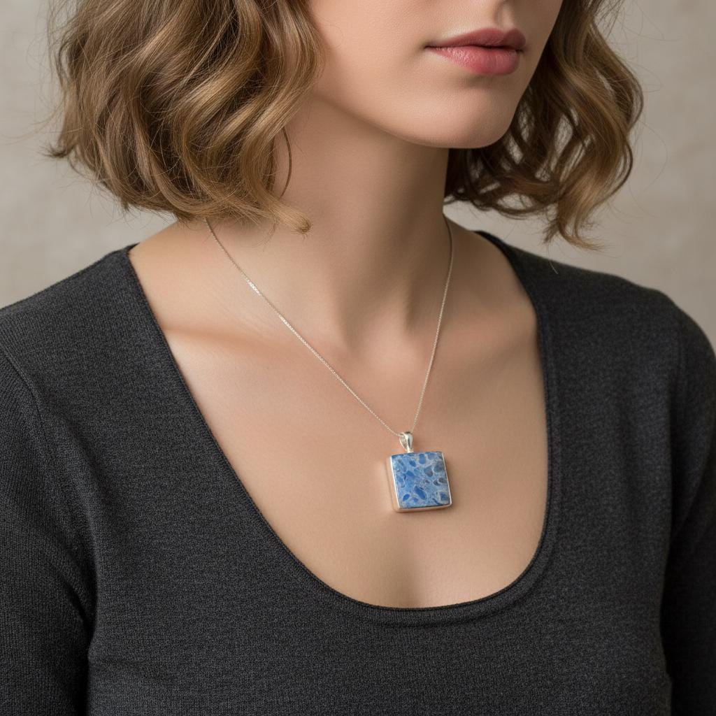 Blue and White Gemstone Square Pendant | Sterling Silver Cabochon Necklace, Handmade Design Pendent, Gift for her, Gemstone Pendent